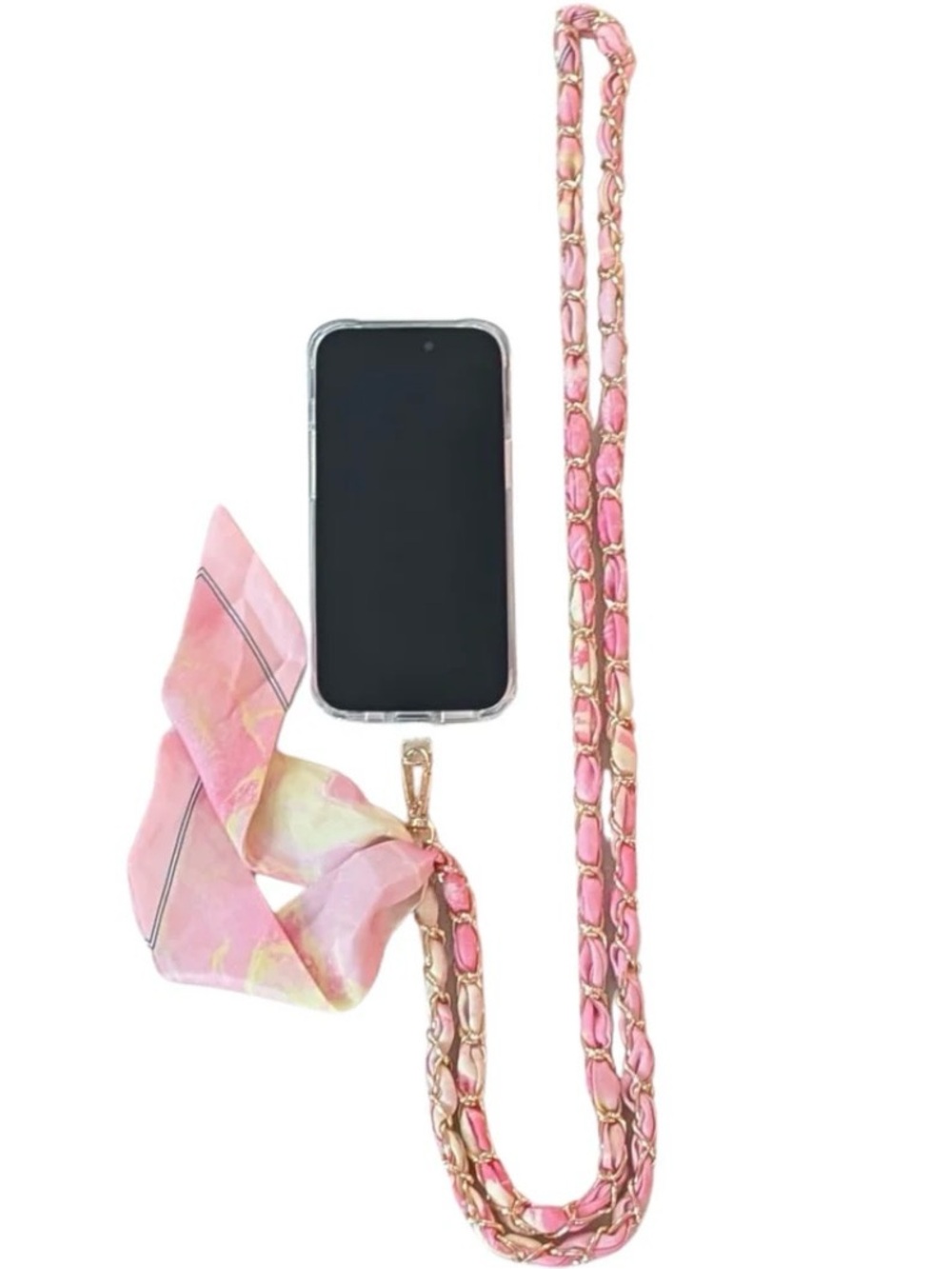 Miami Chains & Co Pink Champagne Silk Blend Gold Tone Crossbody Phone Chain New